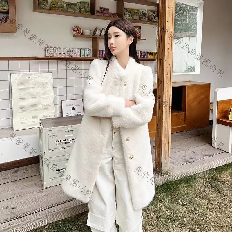 Long Faux Fur Coat for Women, Turn-down Collar, Loose Thicken Warm Teddy Jacket, Female Clothes, Winter, New, 2024 Khaki