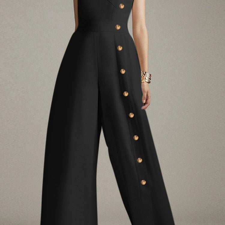 ZANZEA Wide Leg Pant Buttons Split Jumpsuits 2024 Summer Casual Fashion Sleeveless Long Rompers Women V Neck Wasited Playsuits