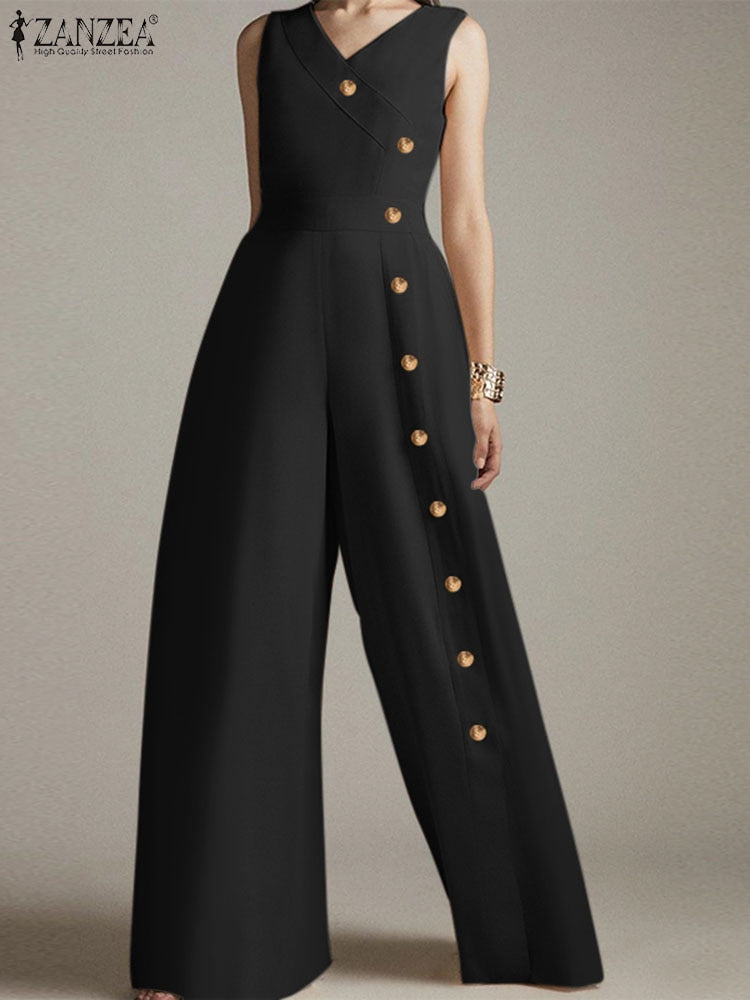ZANZEA Wide Leg Pant Buttons Split Jumpsuits 2024 Summer Casual Fashion Sleeveless Long Rompers Women V Neck Wasited Playsuits