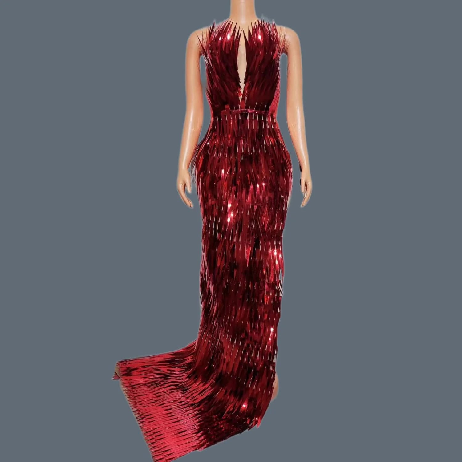 Sexy Shiny Silver Sequins Long Train Dress Evening Prom Birthday Celebrate Dress Women Photo Shoot Wear Stage Costume Maojian Red