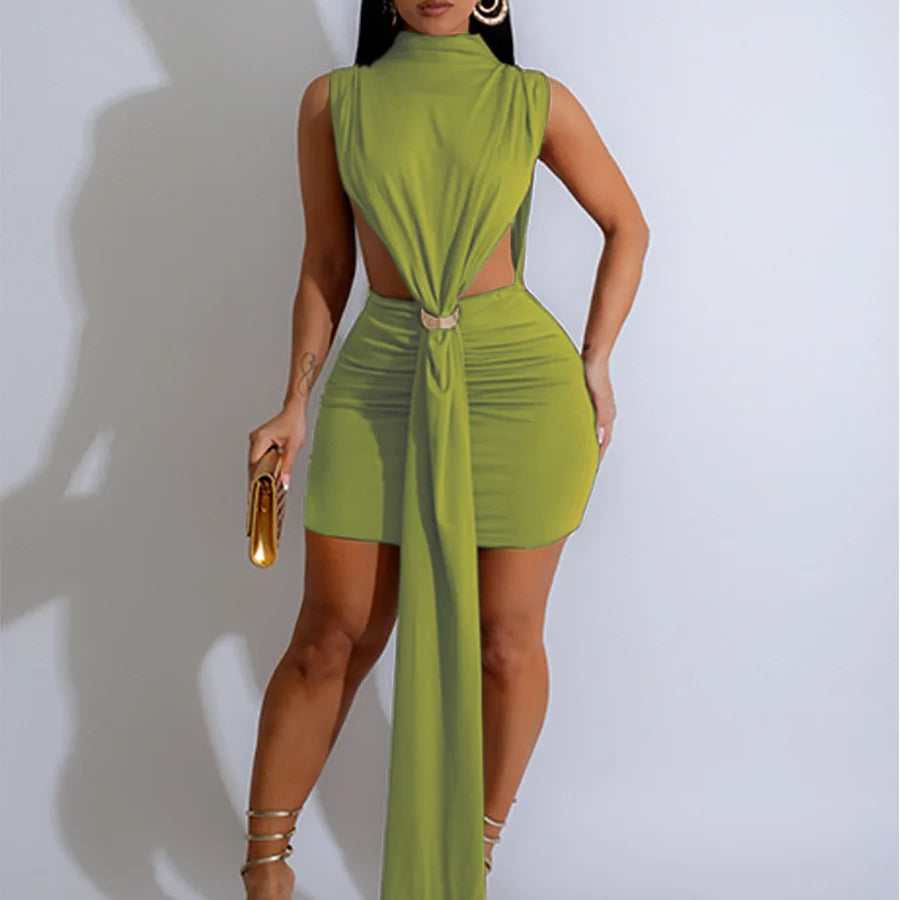 Women O-neck Ruched Stacked Bodycon Midi Mini Dress 2025 Summer Birthday Evening Party Club Vestidos Sexy Chic Dresses Green