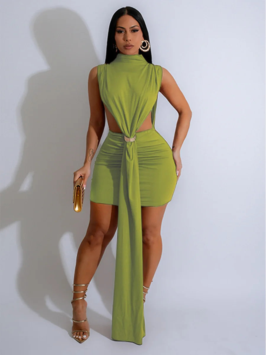 Women O-neck Ruched Stacked Bodycon Midi Mini Dress 2025 Summer Birthday Evening Party Club Vestidos Sexy Chic Dresses Green