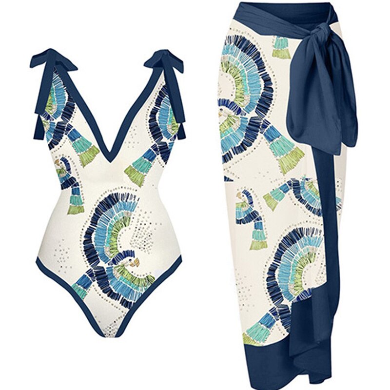 Skirt Cover Up Bodysuit Set Women Bandage Bathing Suit Swimwear Summer New Fashion Print Beach Holiday Bodysuit Cover Up Outfits White
