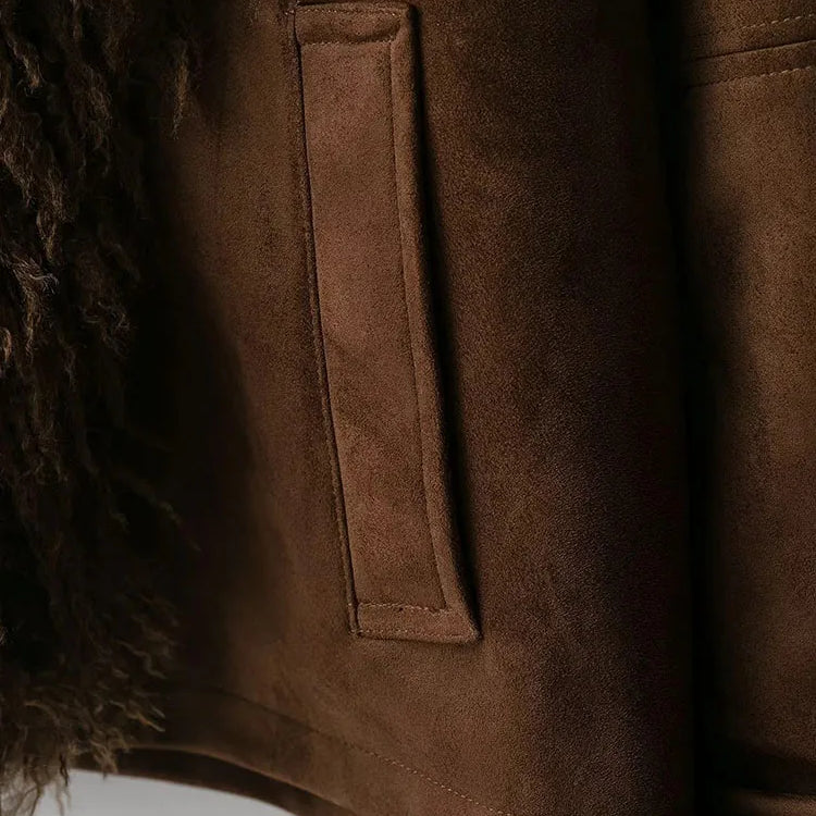 Women 2025 Autumn Winter New Solid Faux Fur Jackets Women Fashion Lapel Plush Coat Slim Elegant Patchwork Brown Short Coats