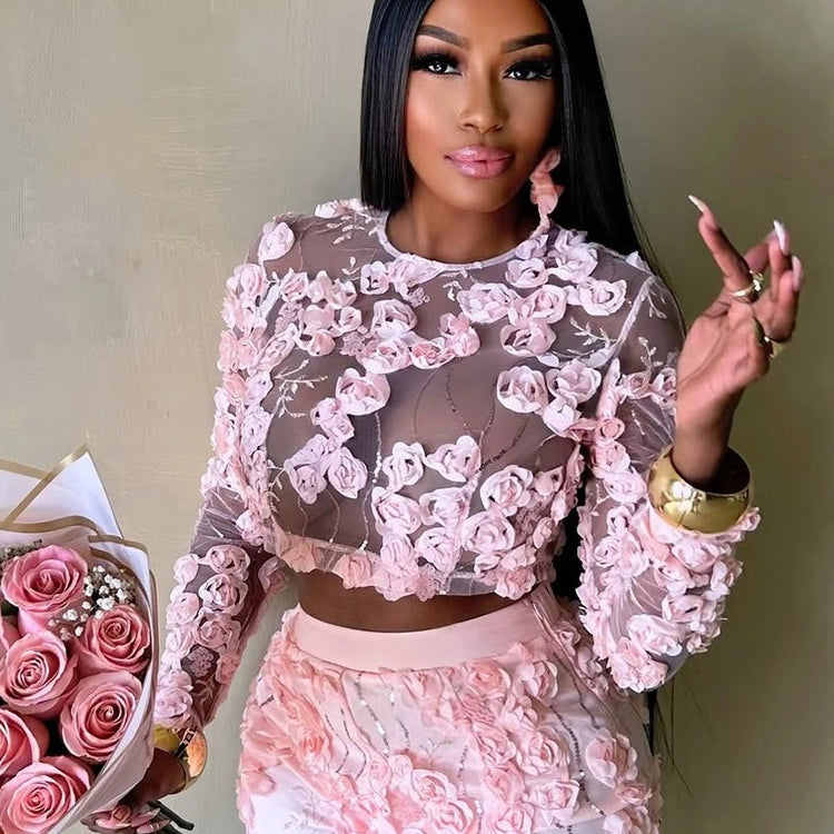 CM.YAYA 3D Flower Women's Set Mesh See Through Long Sleeve Top and Shorts Suits 2025 Sweet Party Girl Two 2 Piece Sets Outfits