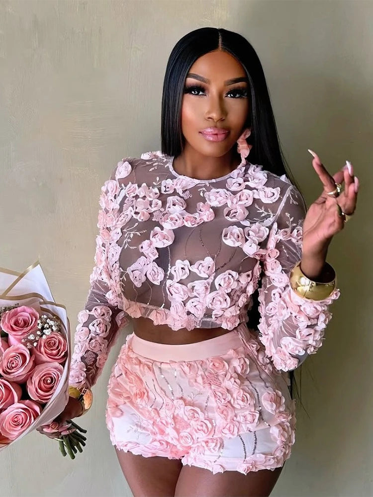 3D Flower Women's Set Mesh See Through Long Sleeve Top and Shorts Suits 2025 Sweet Party Girl Two 2 Piece Sets Outfits