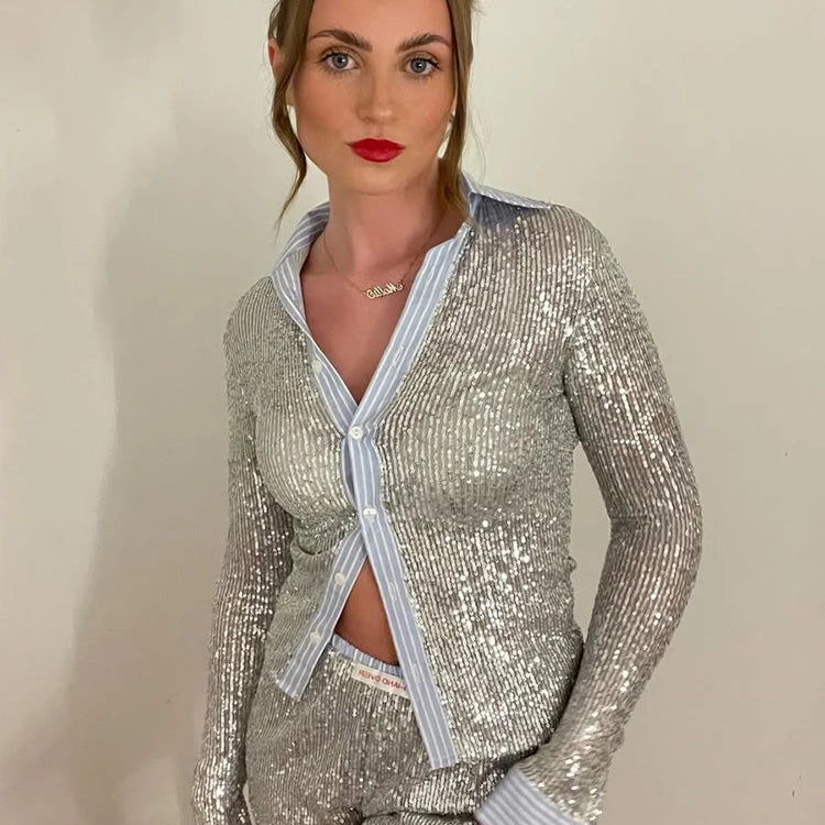 Mozision Silver Glitter Shorts Sets Women Contrast Color Single-breasted Shirt And Shorts Sparkle Two Piece Set Shorts Sets