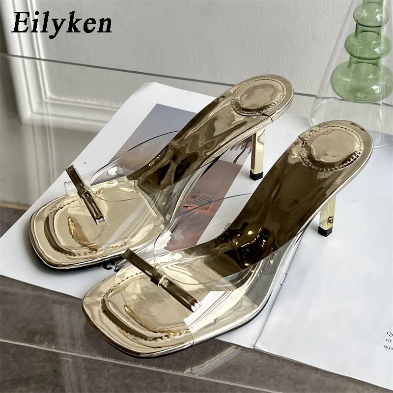 Eilyken Summer Fashion Butterfly-knot Satin Women Slipper Slip On Ladies Sandal Thin High Heel Outdoor Dress Slides Shoes Gold