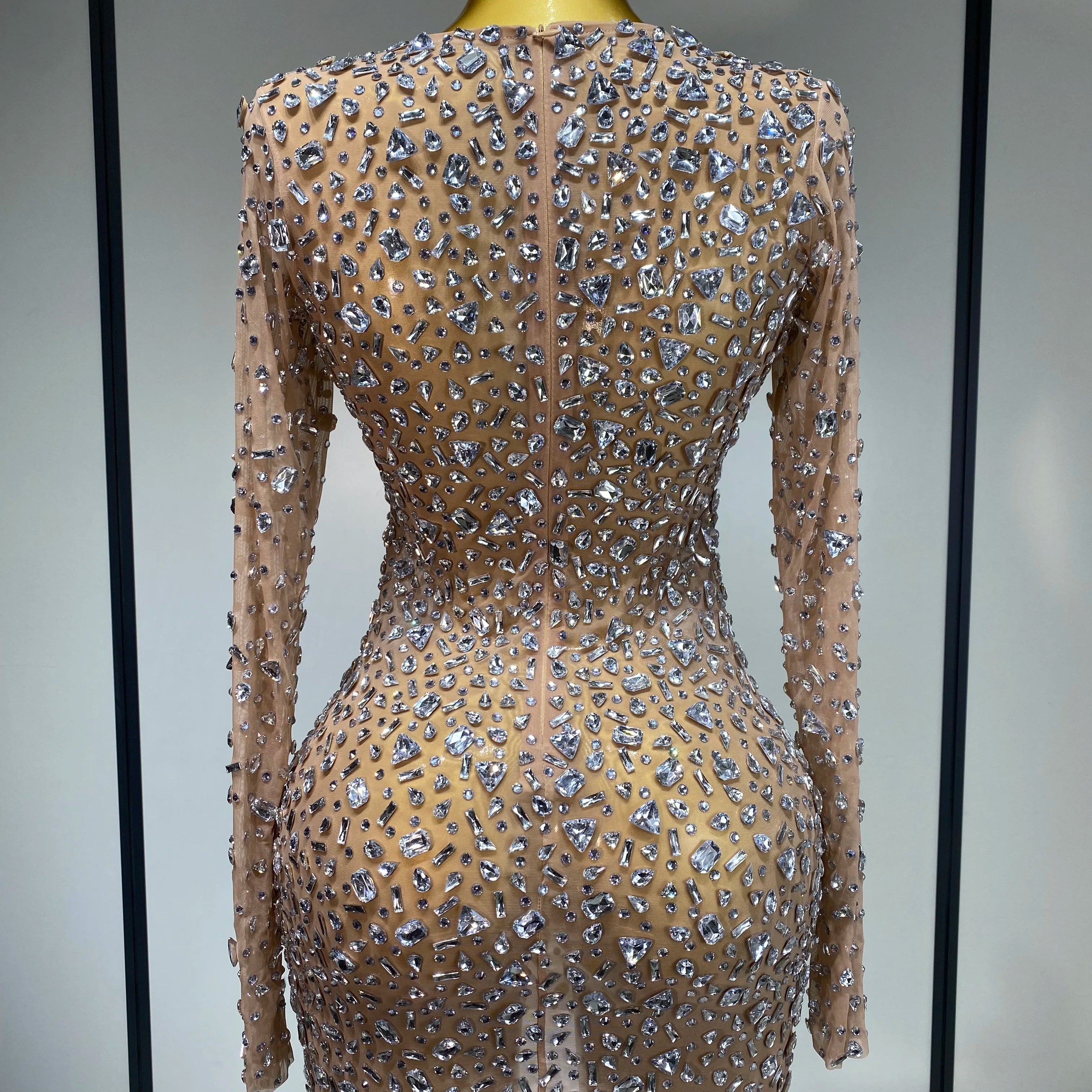 Sparkly Rhinestone Sexy Transparent Mini Dress Celebrity Evening Party Prom Birthday Photo Shoot Nightclub Stage Costume