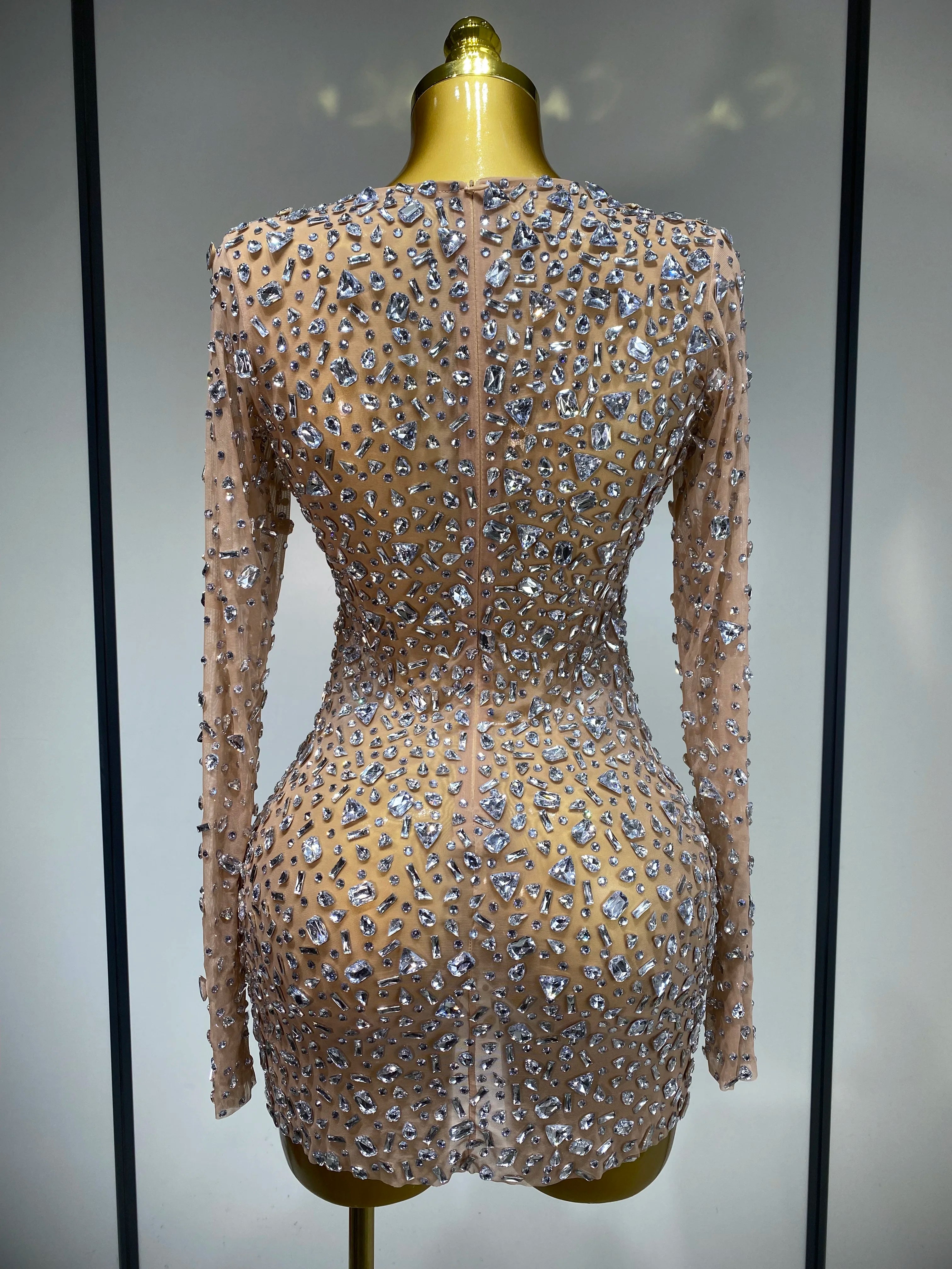 Sparkly Rhinestone Sexy Transparent Mini Dress Celebrity Evening Party Prom Birthday Photo Shoot Nightclub Stage Costume
