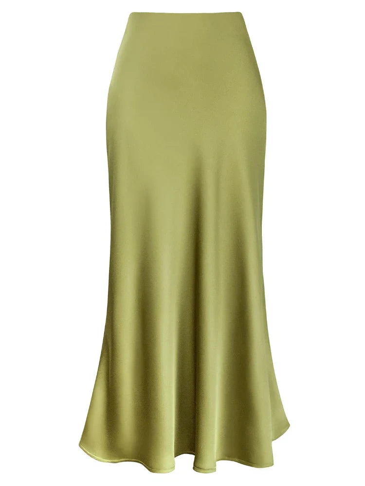 Women Satin Silk Skirts Summer Spring Korean Fashion Clothing Office Ladies Long Skirt Elegant Black Maxi Skirts for Women Light Green
