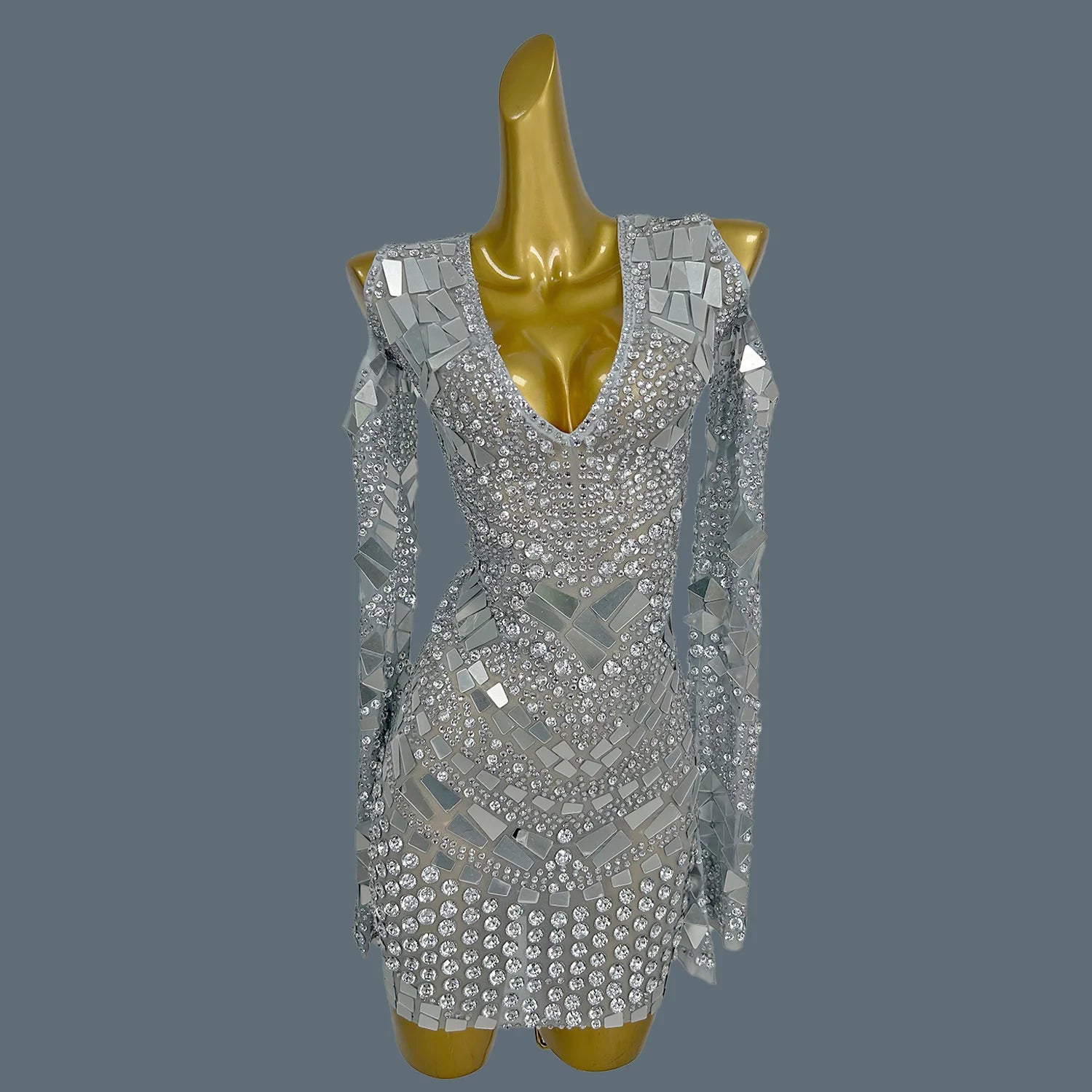 Women's Sparkly Rhinestone Mirrors Dress Sexy Sheer Mesh Dress Birthday Prom Club Dress up Showgirl Wear Haute Couture Yinsui Silver