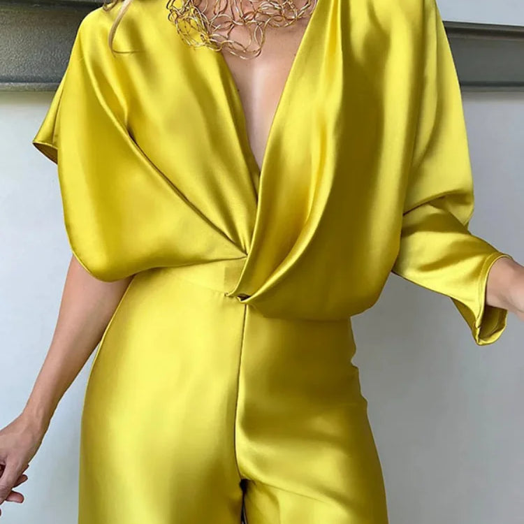 Women's Solid Color Jumpsuit Spring Summer Adult Female V-neck Sexy Short Sleeves High Waist One-piece Suits