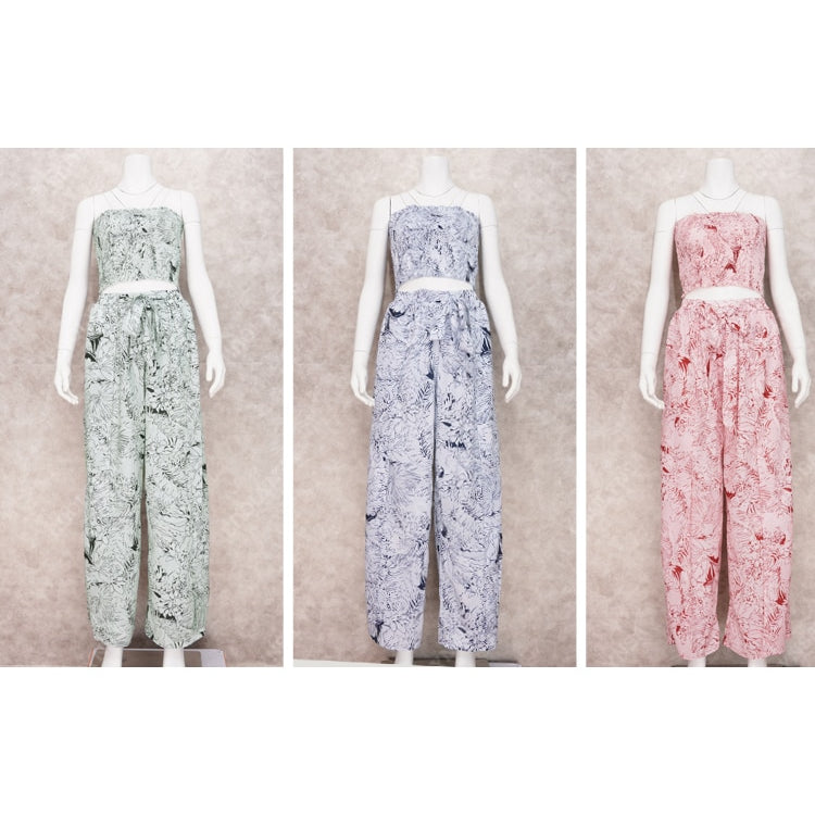 Sexy 2 Pieces Sets Blue Printing Summer Women Floral Clothes Sets Tank Top Wide Leg Pants Outwear