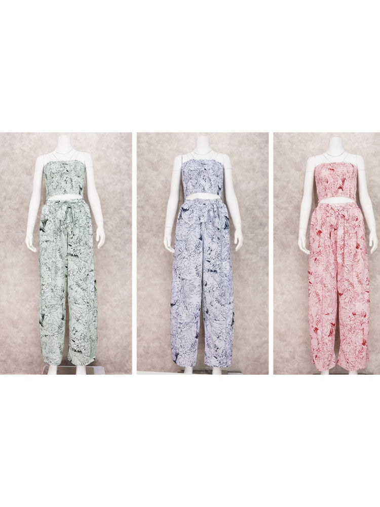 Sexy 2 Pieces Sets Blue Printing Summer Women Floral Clothes Sets Tank Top Wide Leg Pants Outwear