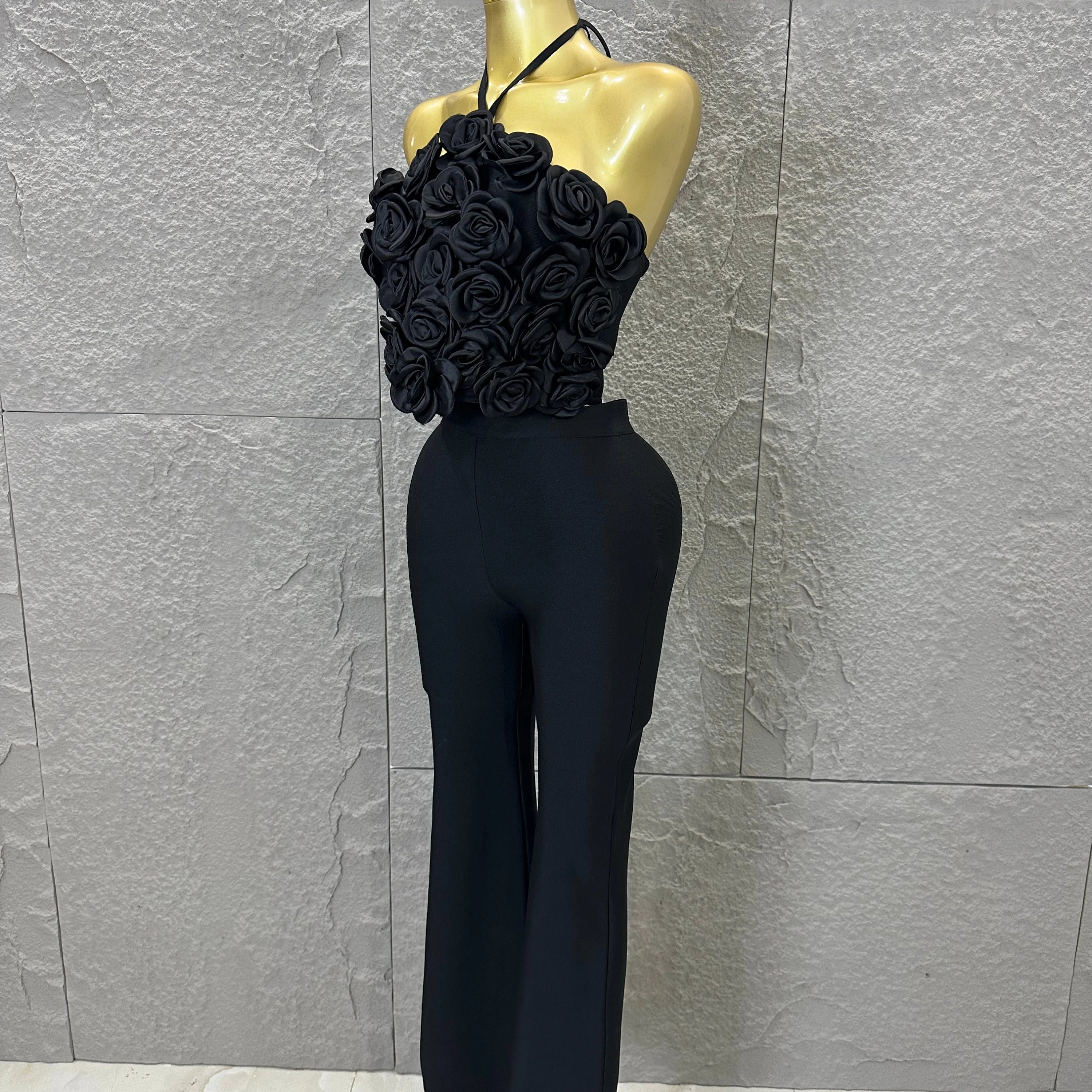 Elegant Two Piece Set Women Halter 3D Flower Crop Top High Waist Flare Pants Bandage Suit Party Casual Formal Wear