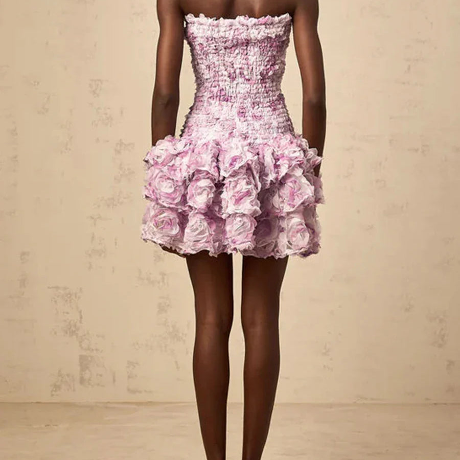 Colorblock Fashion Temperament Dresses for Women Strapless Sleeveless Patchwork 3D Flowers Dress Female Clothing