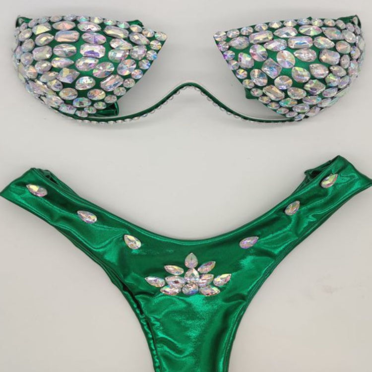 Women's Swimwear Bikini Swimsuit 2024 For Women Summer Beach Shiny Crystal Padded Push Up Bikinis Thong Bathing Sets Outfits Light Green