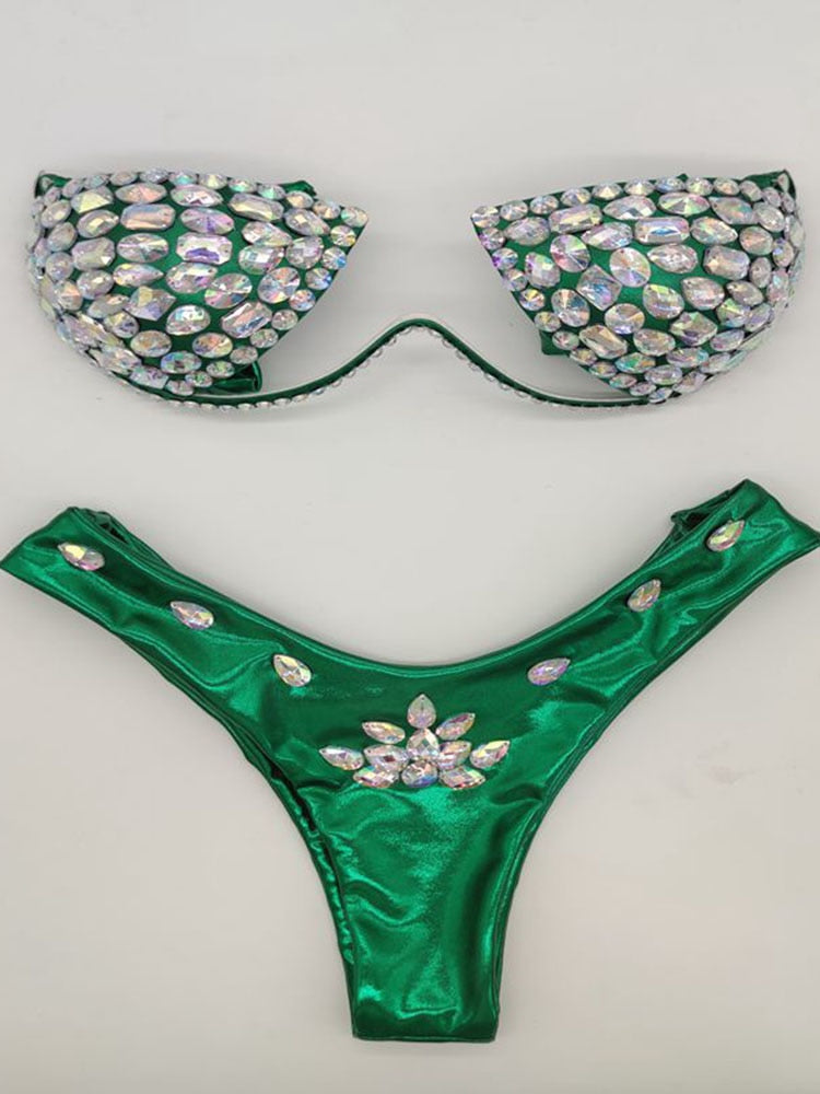 Women's Swimwear Bikini Swimsuit 2024 For Women Summer Beach Shiny Crystal Padded Push Up Bikinis Thong Bathing Sets Outfits Light Green