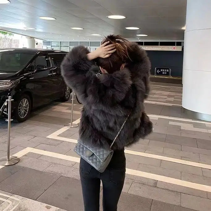 Winter New Faux Fur Coats Women's Clothing Warm Fox Mid Long Fashion Fur Coat Teddy Plush Jacket Warm Belt Buckle Furry Overcoat Dark Grey Fur