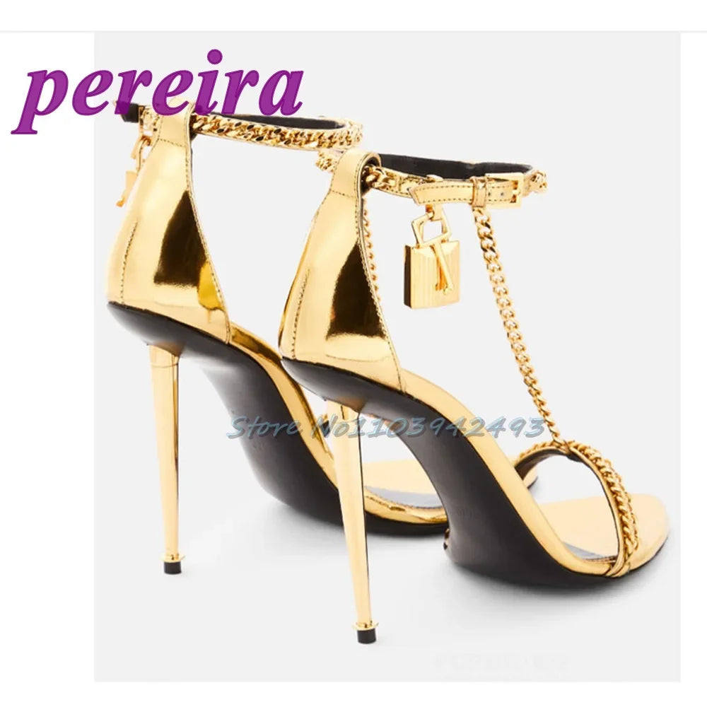 Metal Decor Heeld Sandals Pointed Toe Gold Heels Chain Ankle Buckle Strap Women luxury Designer Shoes Summer Handmade Tacones