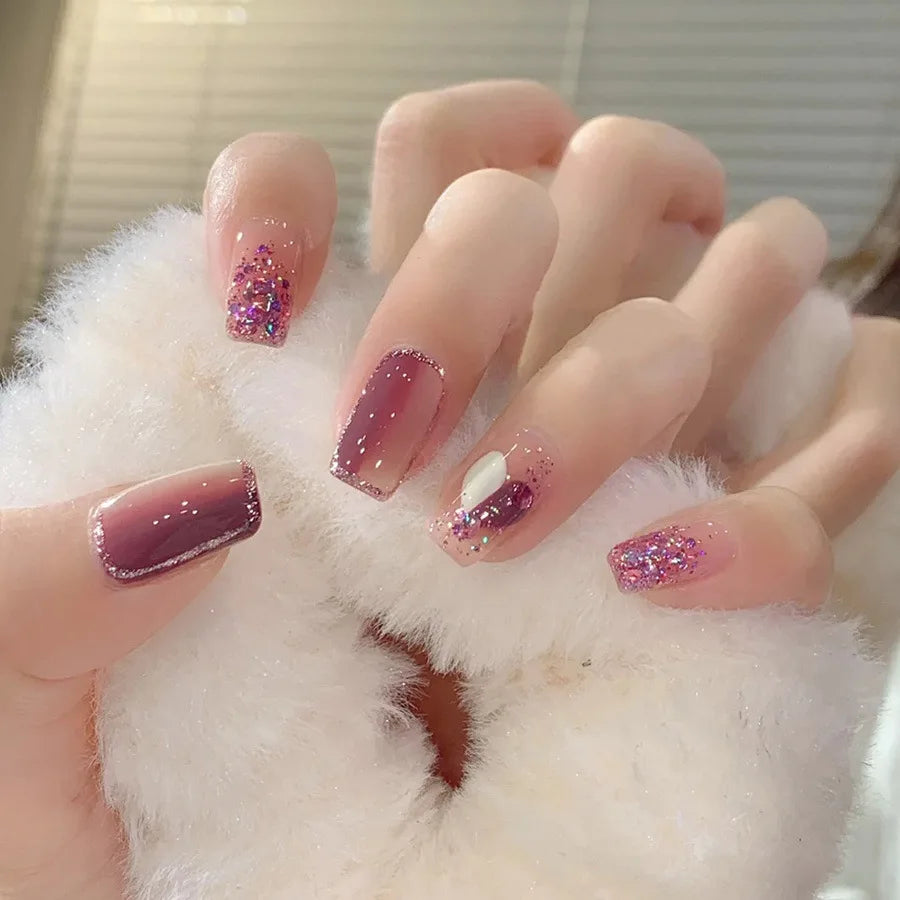 24pcs/set Short medium long fake nails colorful gradient Y2K sunset heart leopard print square ballet tips press on false nail 2173