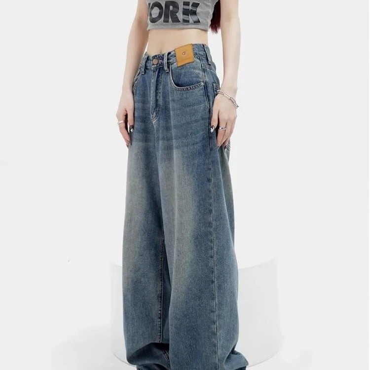 Women Retro Aesthetic Wide Leg Baggy Casual Denim Trouser Harajuku Blue High Waist Loose Jeans Spring Fashion Pants