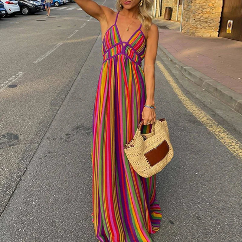 Sexy Ladies V-neck Sleeveless High Waist Long Dress Fashion Hollow Backless Bohemian Dresses Summer Beach Colorful Stripe Dress 01 Rainbow