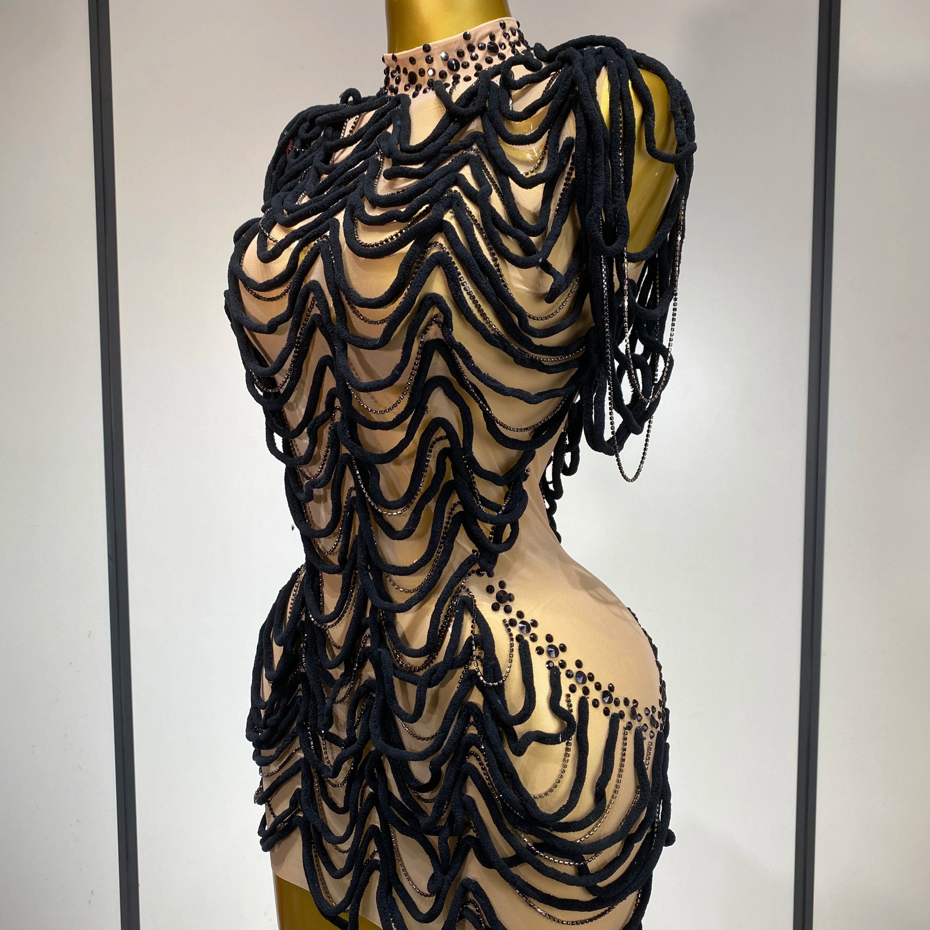 Women Sexy Fashion Short Dress Mesh Designer Rhinestones Chain Stage Costume Nightclub Celebrate Party Performance Outfit