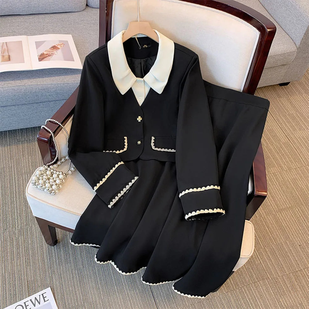 150Kg Plus Size Women's Bust 150 Autumn New Small Fragrant Top Coat And Skirt Two Piece Set Black 5XL 6XL 7XL 8XL 9XL black