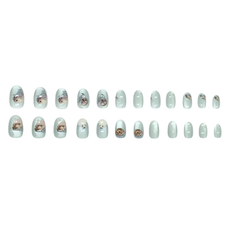 24pcs Shiny Green Cat Eye False Nails Cute Seal Print Fake Nails Tips Wearable Reusable Glossy Short Round Press on Nails