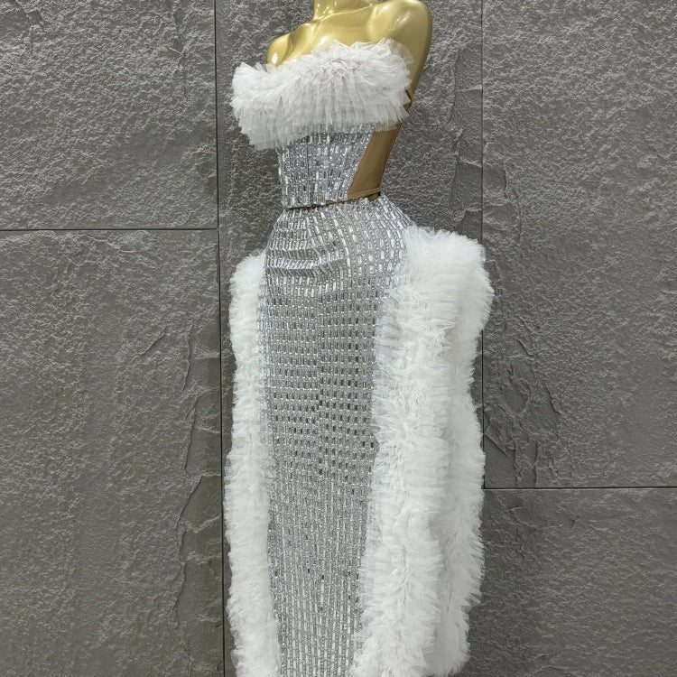 STOCK Women Sexy Mesh Ruffles 2 Pieces Laced-up Ball Gown Long Dress Fashion Nightclub Party Performance Costume Stage Wear