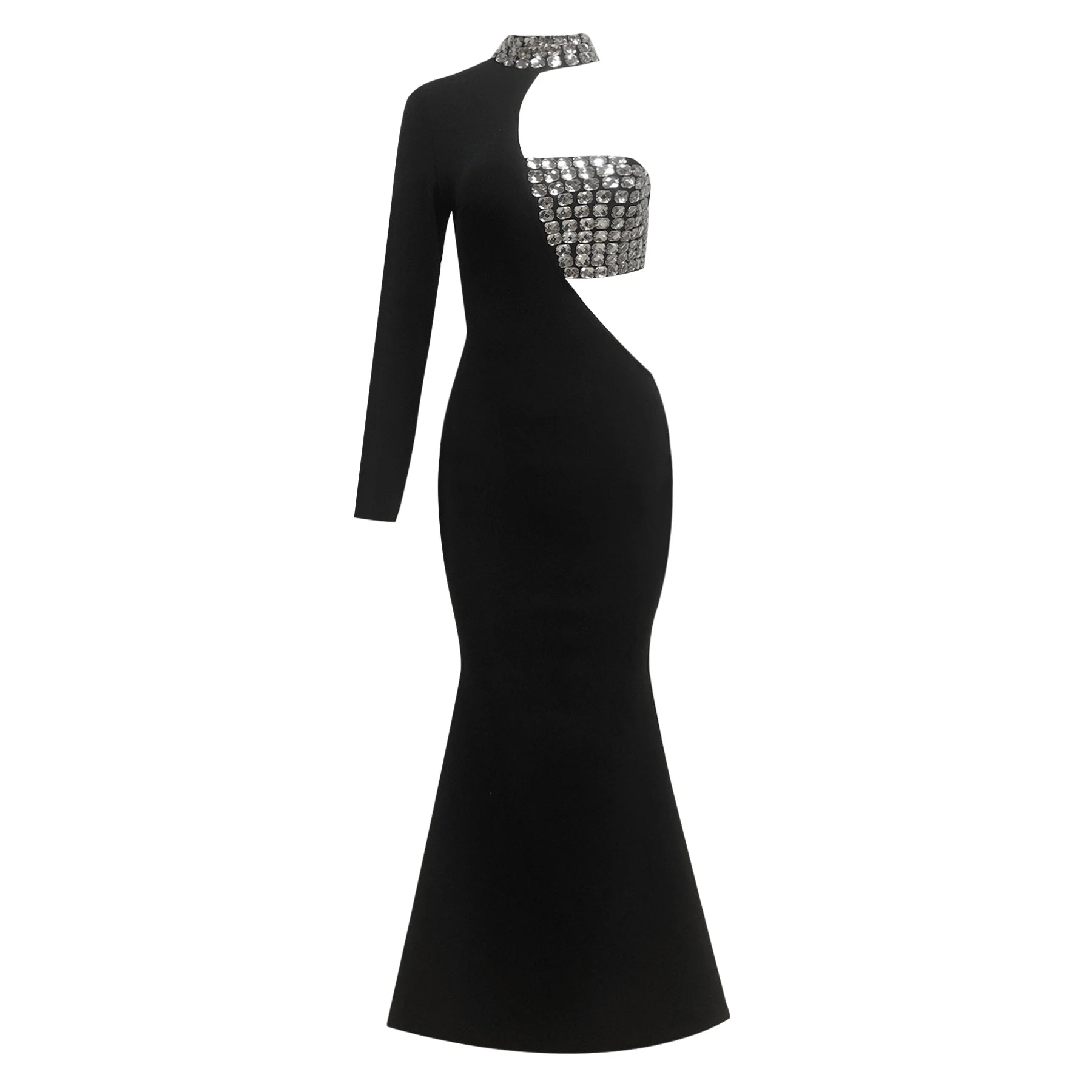 Stylish Black Asymmetric Long Sleeve Maxi Dress with Sparkling Detail Mermaid Gown for Red Carpet Events black