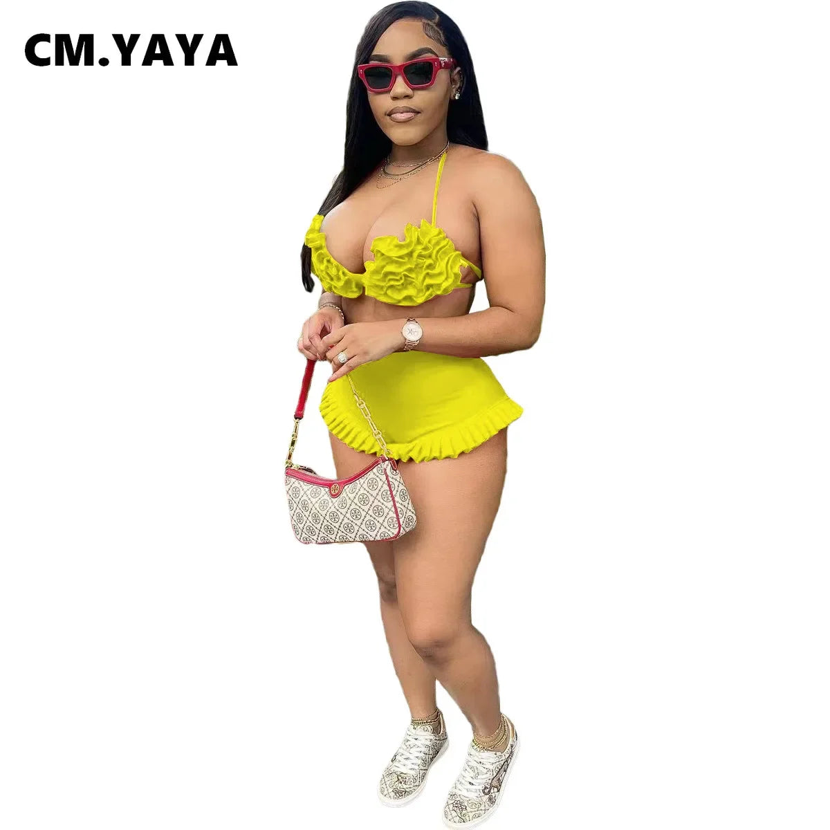 Women's Set Ruffles Crop Top Bra and Shorts Bikini Set Streetwear Casual Two 2 Piece Outfits Summer 2024 Beach Holiday