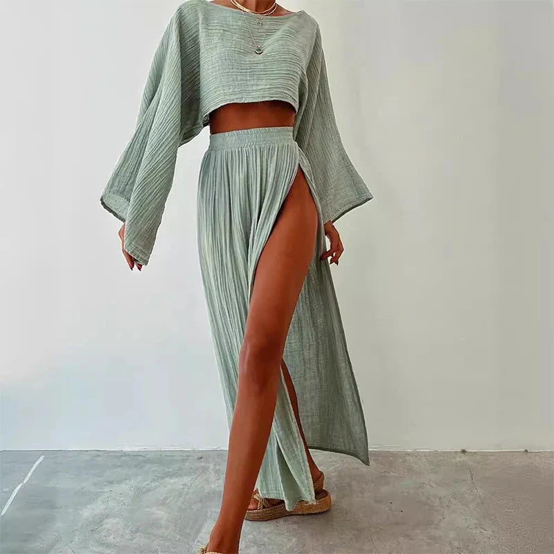 Elegant Women Crop Tops & High Waist Slit Maxi Skirts 2 Pieces Linen Pants Sets Beach Cover Ups Lounge Matching Sets