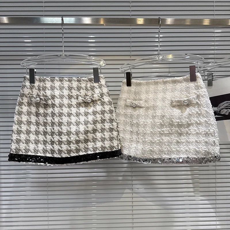 Winter New Fashion Style Sequin Edge Plaid Tweed Short Skirt For Women High Waist Wrapped Hip A-line Skirts 11A07804