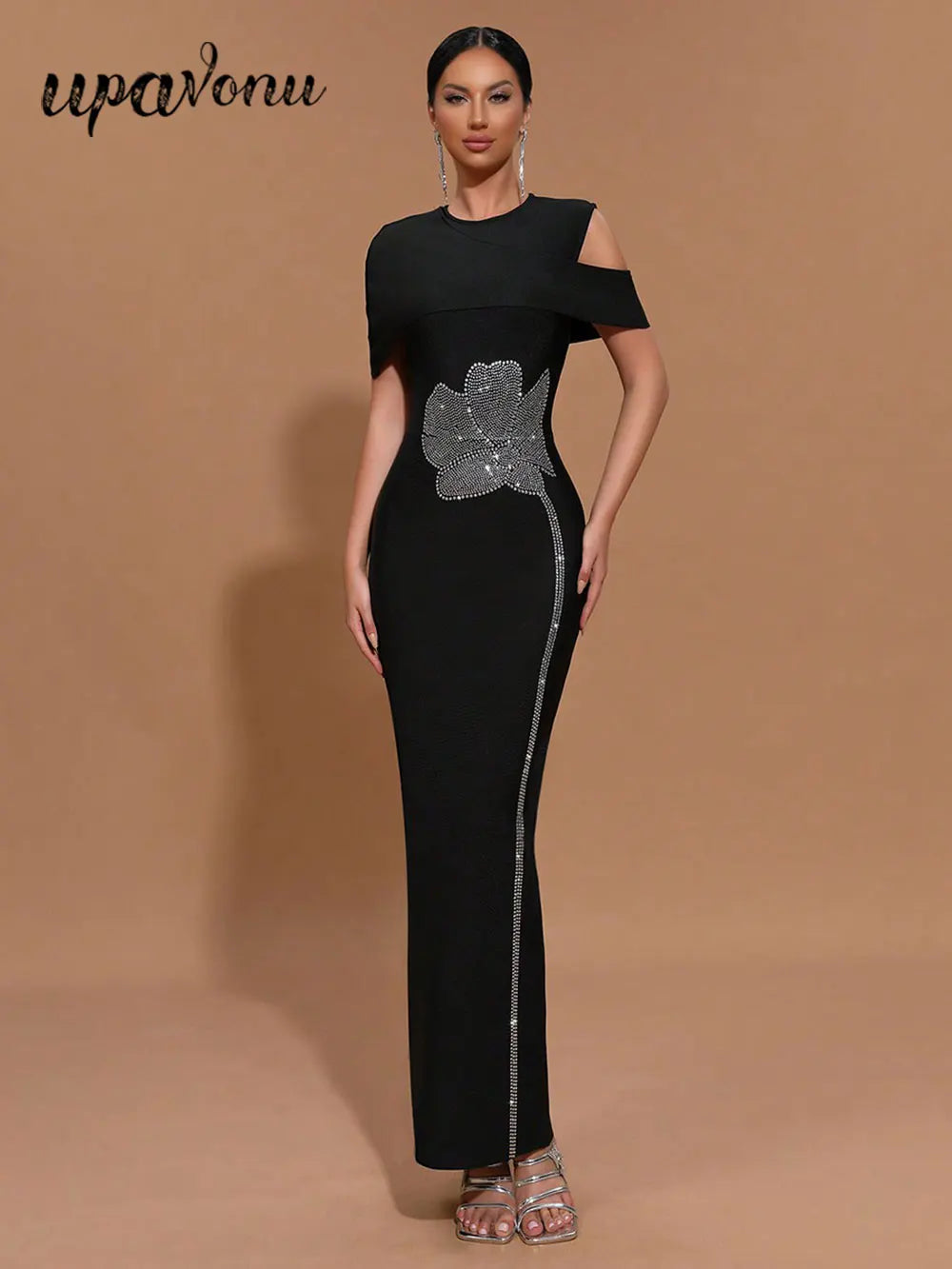 2025 Elegant Women Light Luxury Hot Diamond Flower Design Bandage Dress O-Neck Shoulder Bodycon Long Dress Evening Party Vestido