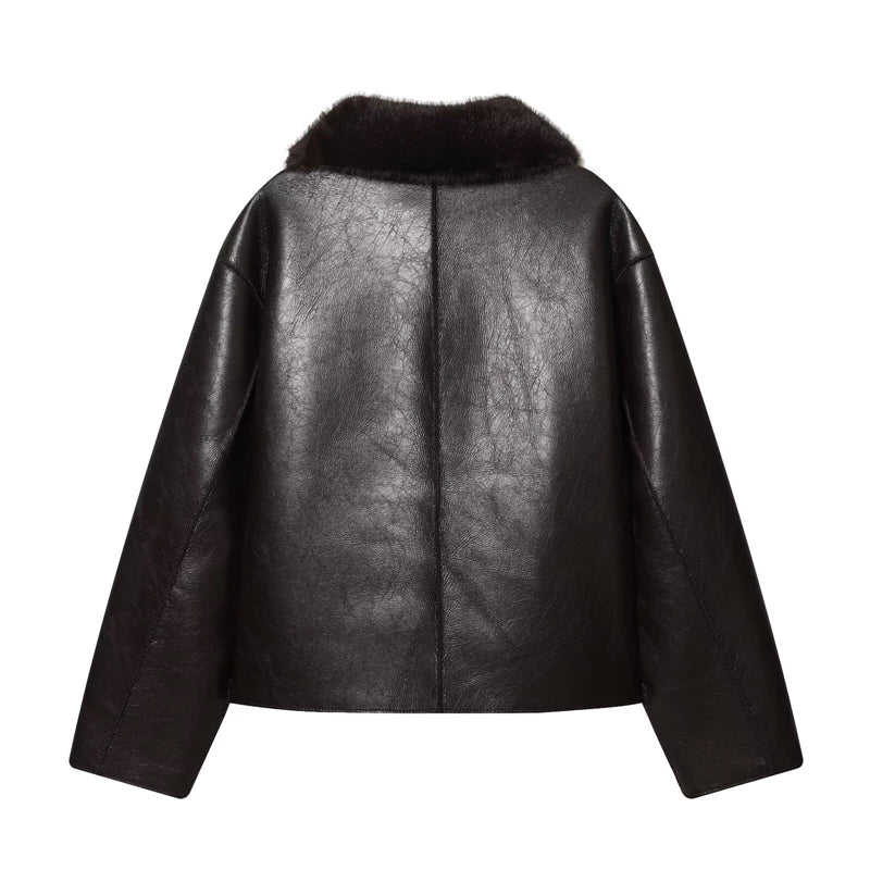 INQFEIR Faux Leather Jacket for Women, Fuzzy Collar Button Down Short Coat, Vintage Style Outerwear for Fall Winter