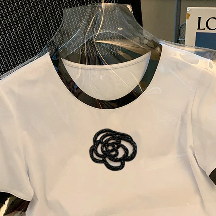 Summer Short Sleeved Stereo Flower T-Shirts Woman Clothes Ropa De Mujer New O Neck Y2k Fashion Top Female White T Shirt