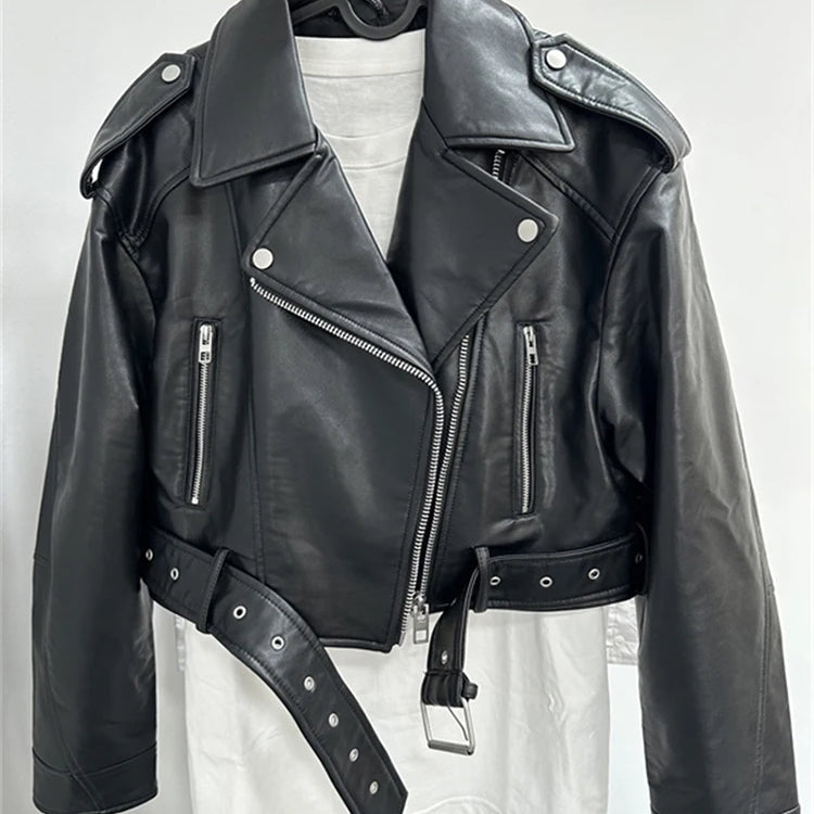 Lautaro-Women's Short Loose PU Leather Biker Jacket, Zipper , Retro Female Streetwear, European Fashion, Cool, Spring, Autumn, black