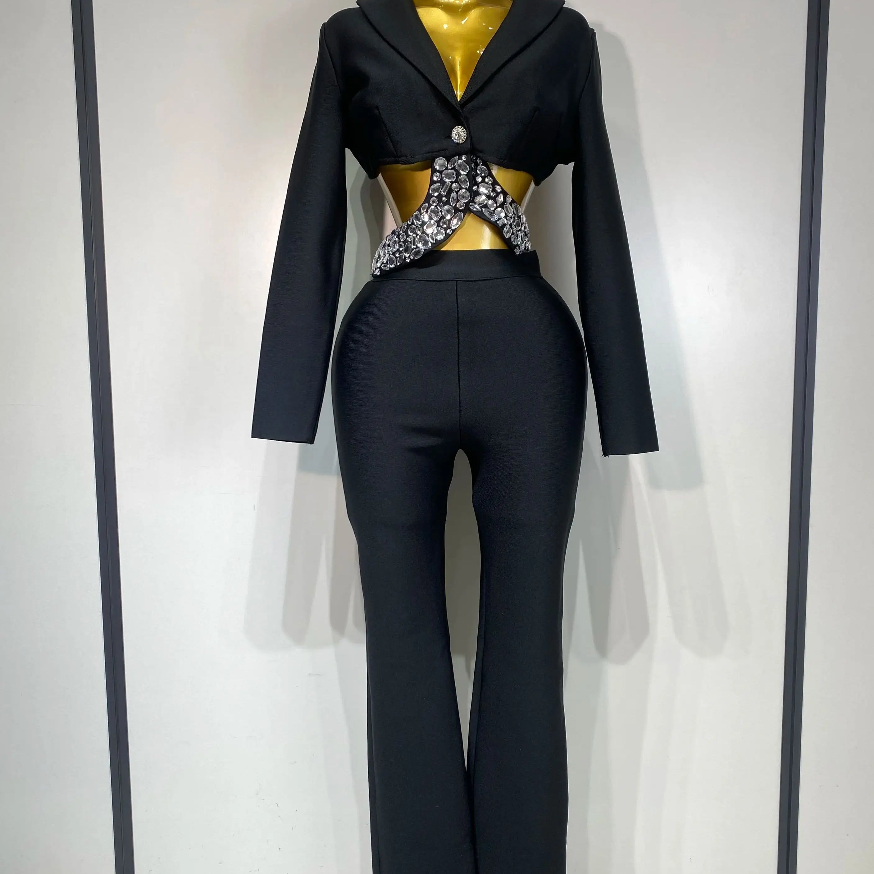 Women Sexy Long Sleeve Beading Bodycon Two Pieces Pants Bandage Set 2025 Celebrity Designer Fashion Women's Luxury Birthday Set black