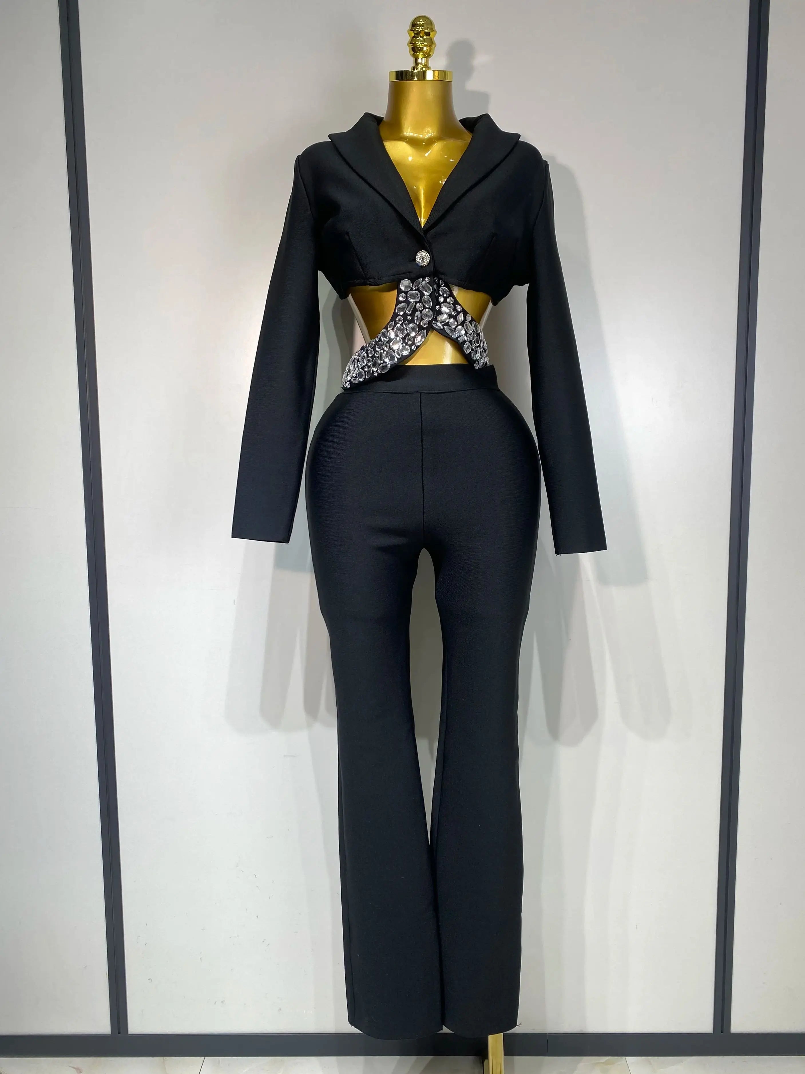 Women Sexy Long Sleeve Beading Bodycon Two Pieces Pants Bandage Set 2025 Celebrity Designer Fashion Women's Luxury Birthday Set black