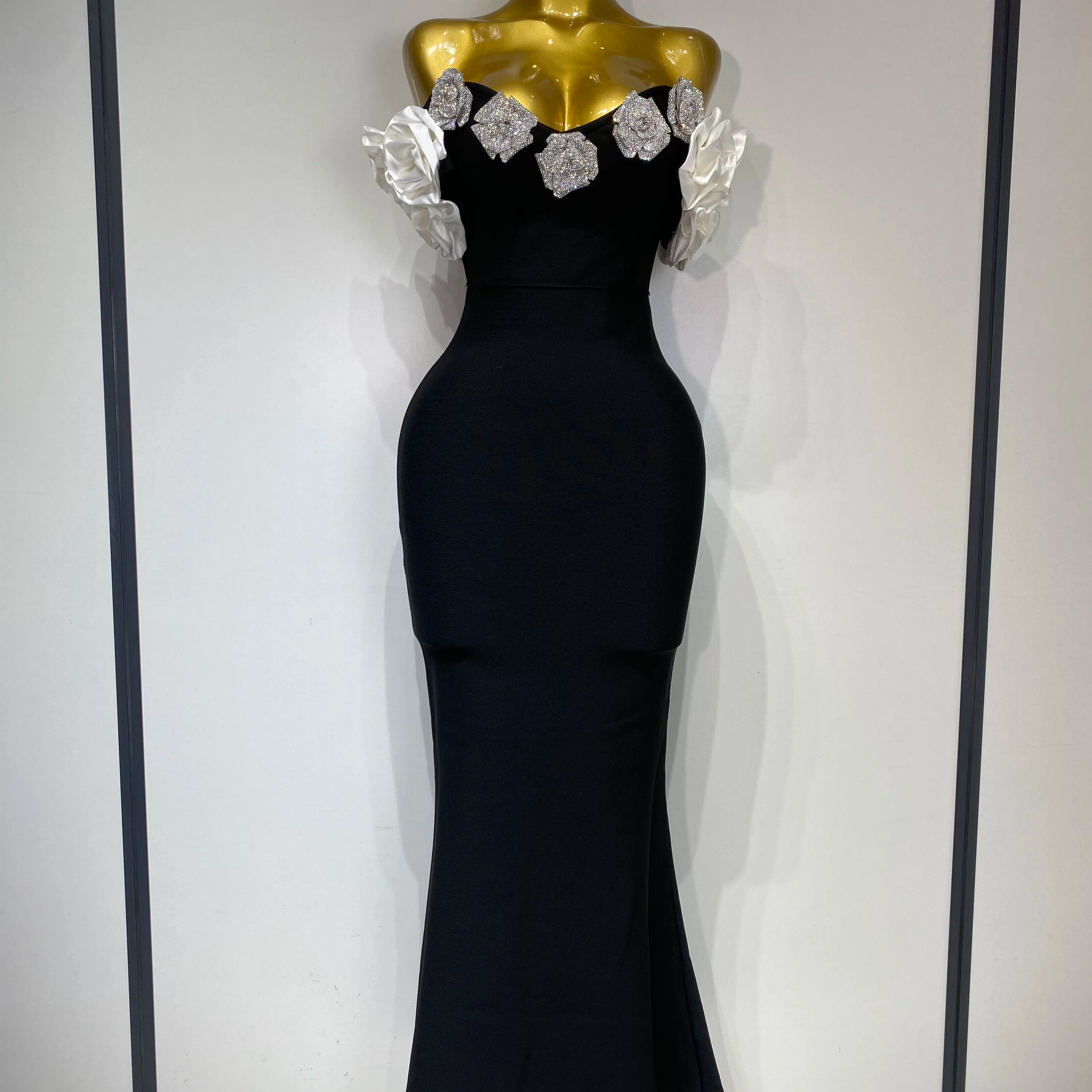Women Luxury Rhinestone Celebrity Sexy Off Shoulder Flower Maxi Long Bodycon Bandage Dress Elegant Evening Club Party Outfit black