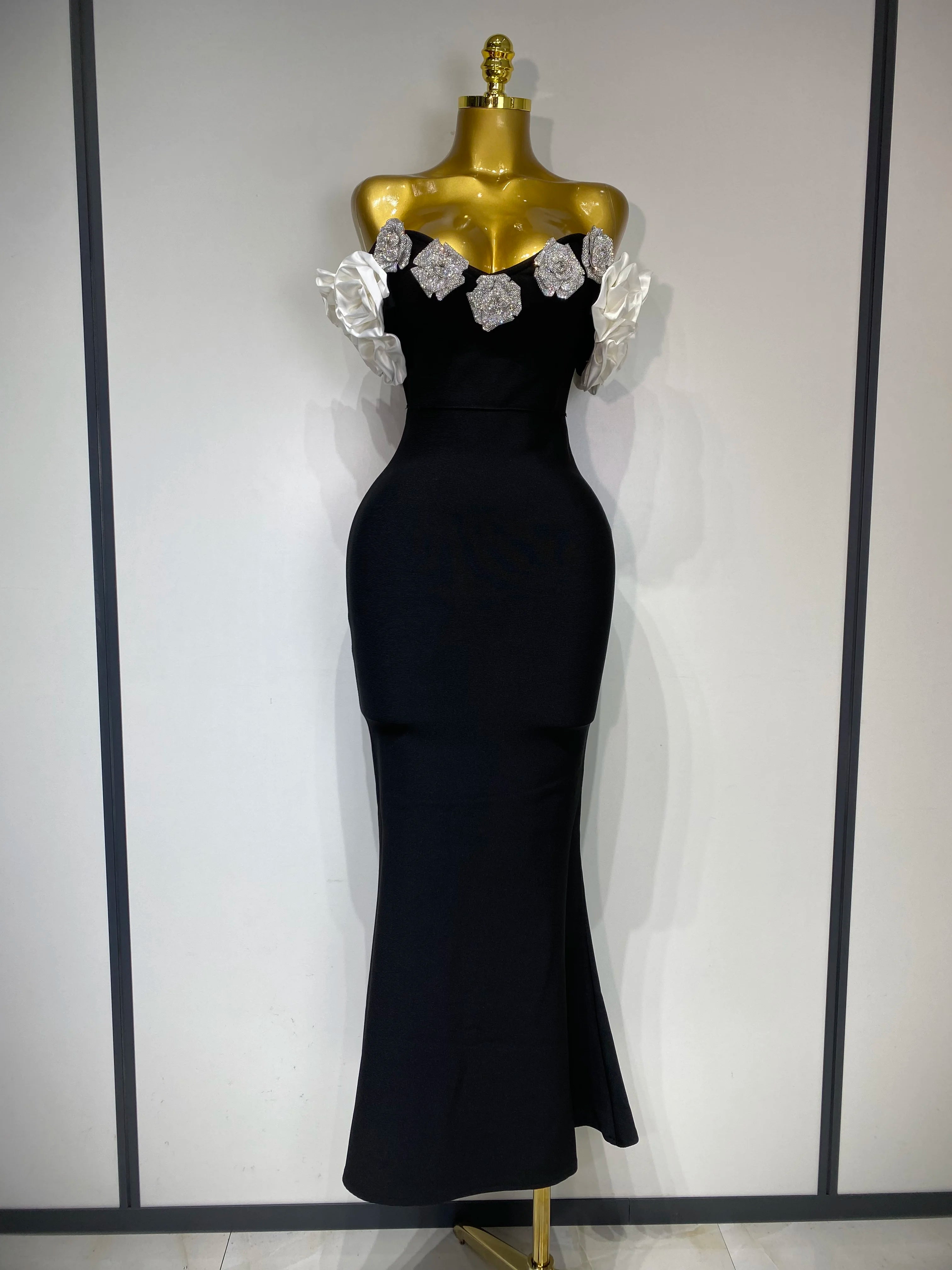 Women Luxury Rhinestone Celebrity Sexy Off Shoulder Flower Maxi Long Bodycon Bandage Dress Elegant Evening Club Party Outfit black