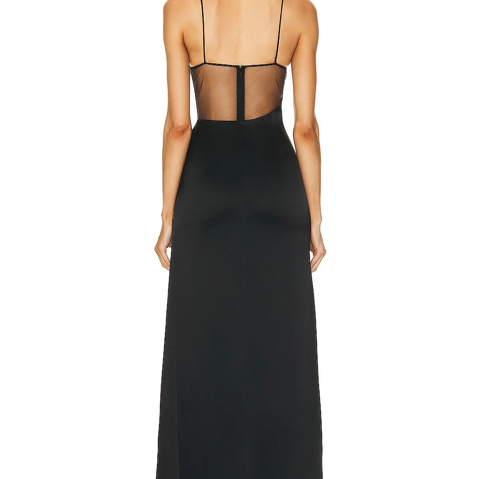 Black Color Women Sleeveless Sexy Strap V-Neck Bodycon Long Bandage Dress Mesh Celebrate Evening Party Dress