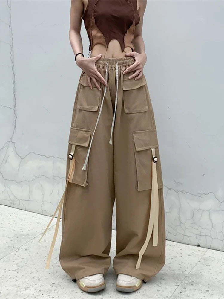 Zoki Pure Cotton Harajuku Cargo Pants Women Vintage Streetwear Oversize Bf Trousers Retro Pockets Casual Hip Hop Straight Pants