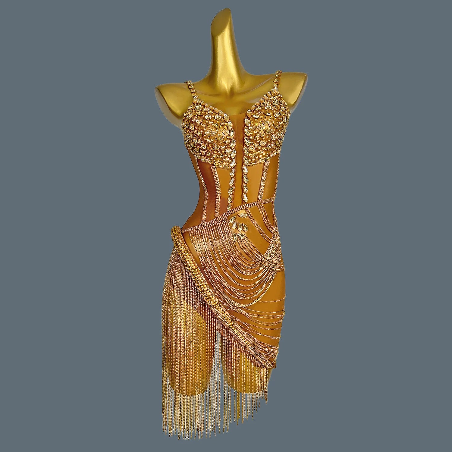 Women Green Crystal Chain Diamonds Dress Elastic Sexy Mini Night Club Performance Costume Birthday Party Dress Tassel Liehu Gold