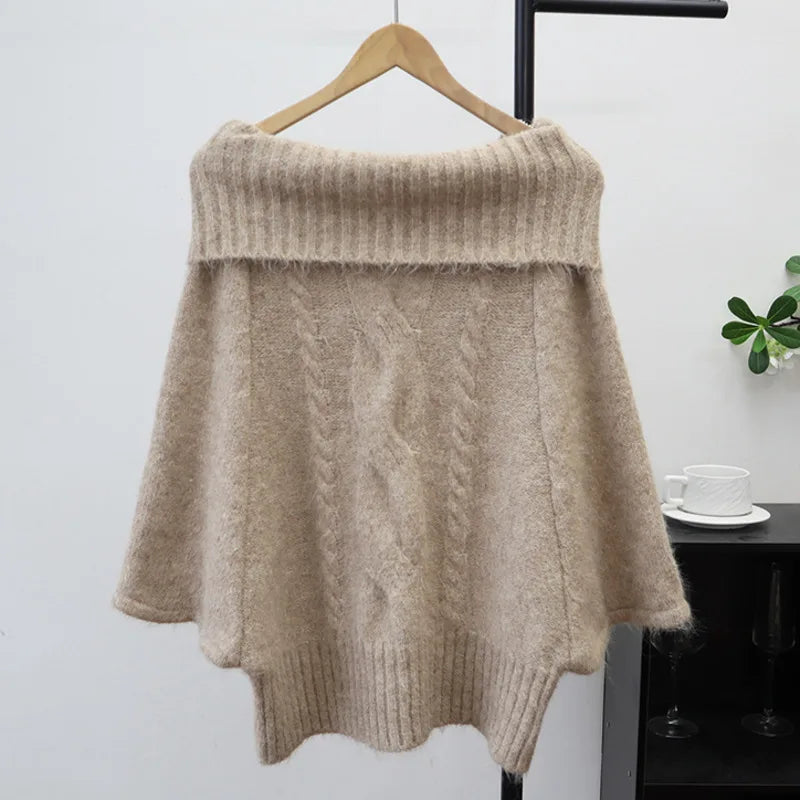 Autumn Winter New Off-Shoulder Design Thickened Cable Knit Cape Sweater Lazy Style Pullover For Women 11A07620