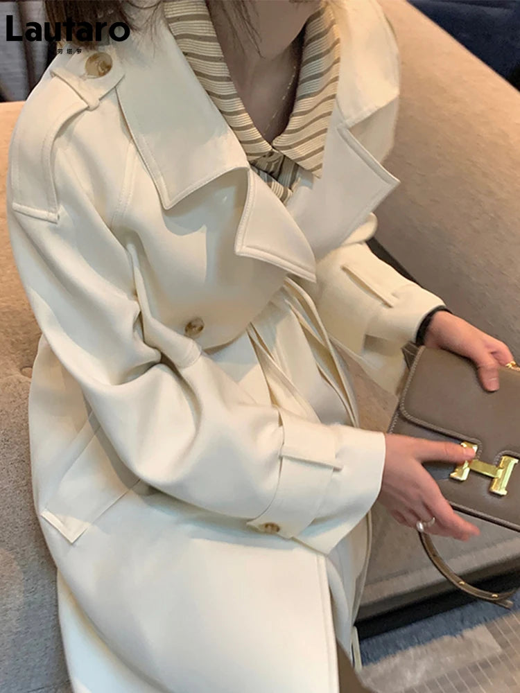 Lautaro Spring Autumn Long Trench Coat for Women Raglan Sleeve Double Breasted Elegant Stylish Chic Luxury Designer Clothes 2025