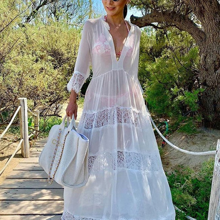 White Knitted Beach Cover up dress Tunic Long Pareos Bikinis Cover ups Swim Cover up Robe Plage Beachwear LXF8435W1